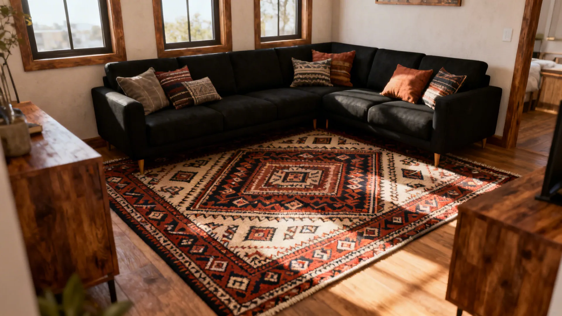Black sofa placed on a bold Moroccan rug to anchor the seating area