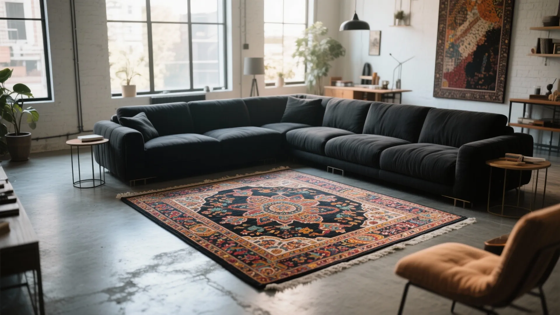 Black sectional sofa on a Persian-style rug