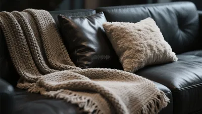 Cozy Leather Sofa with Textured Blankets and Pillows