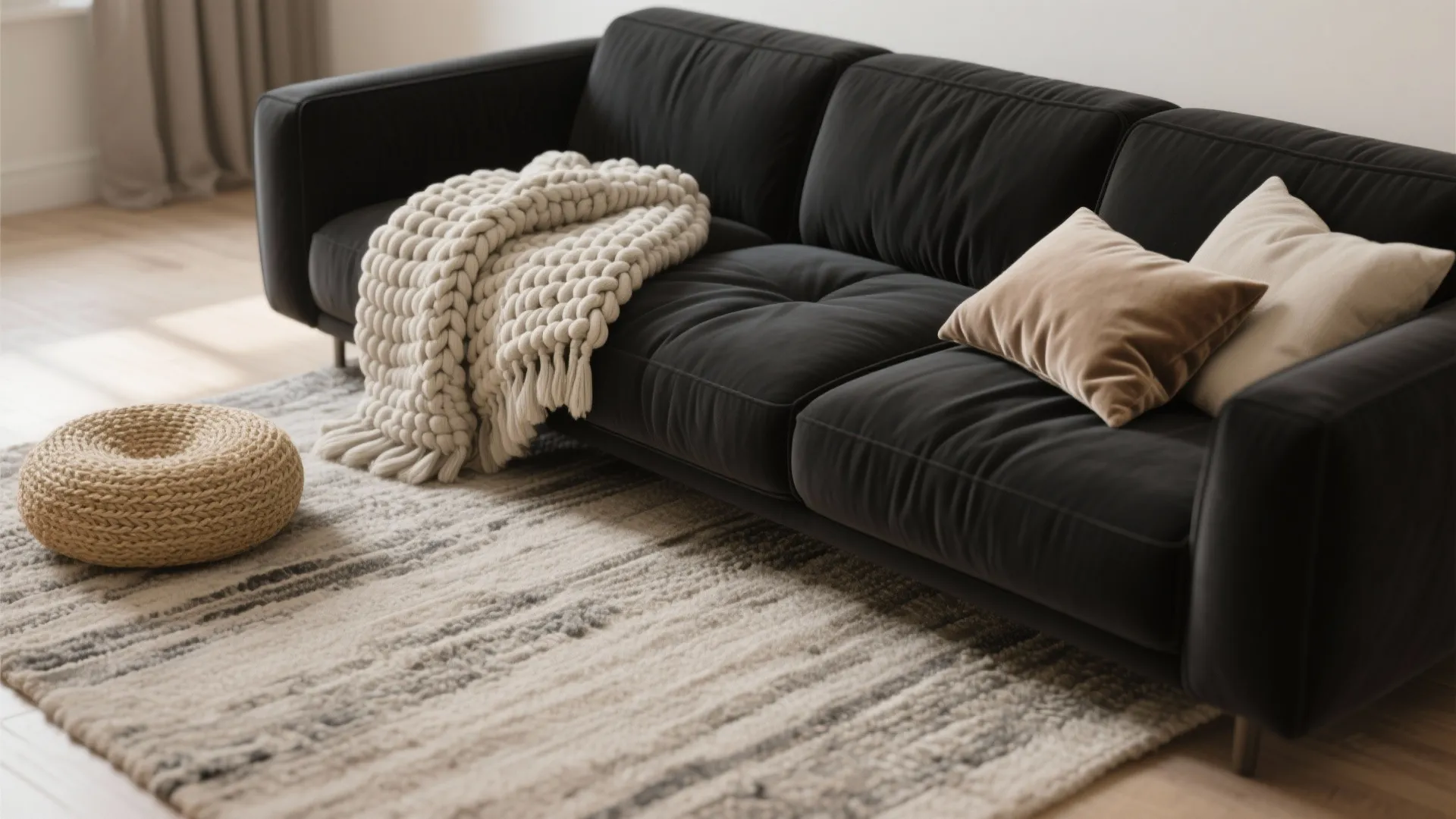 Materials and textures for styling a black sofa