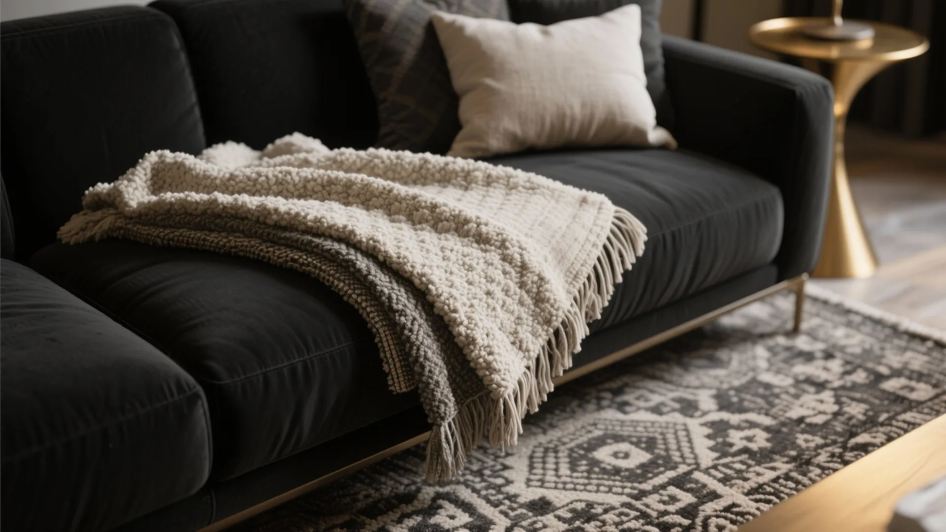 Macro view of bouclé throw and linen cushion on a matte black sofa beside a brass table and patterned rug.