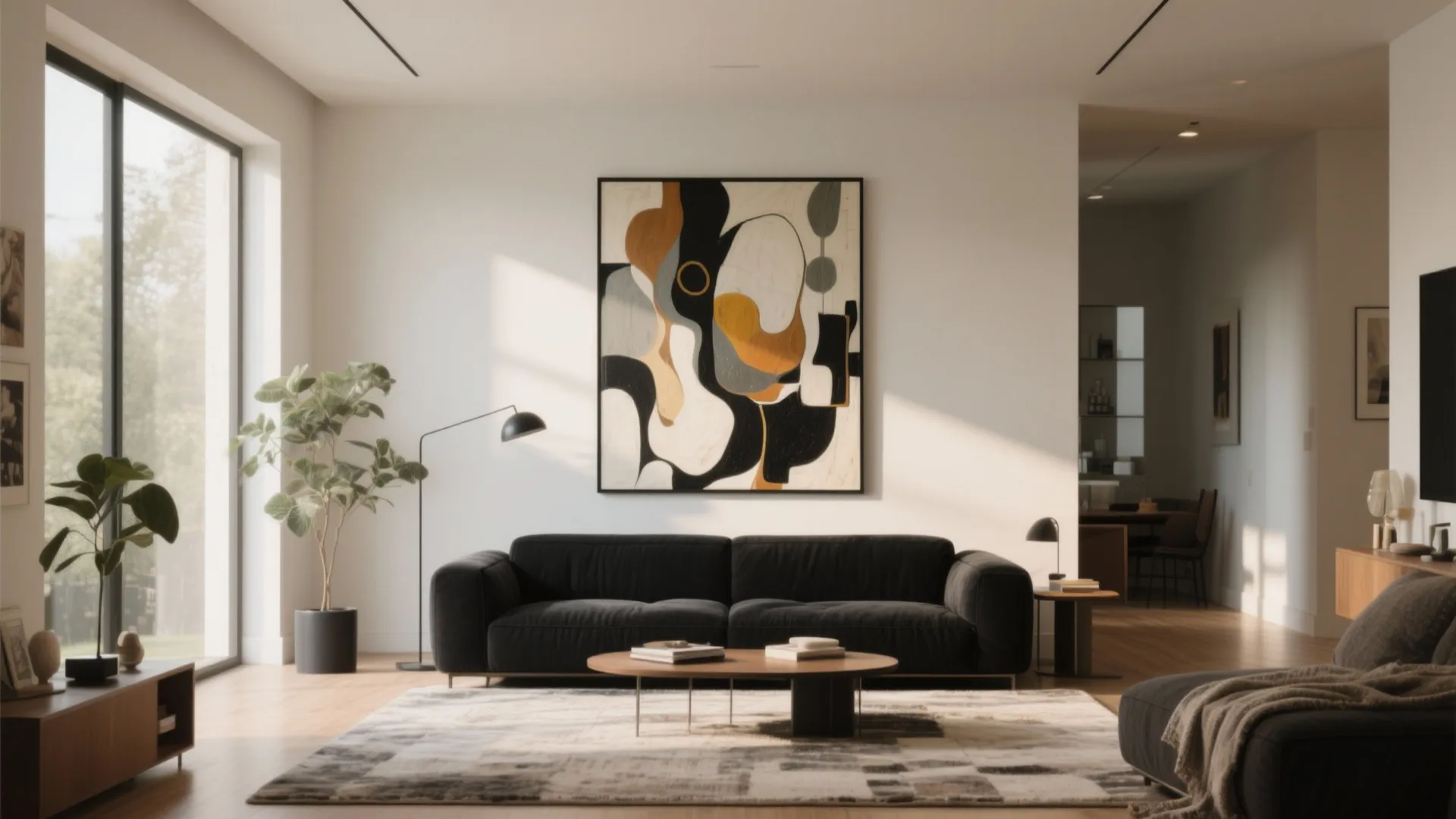 Black sofa with large abstract art above it
