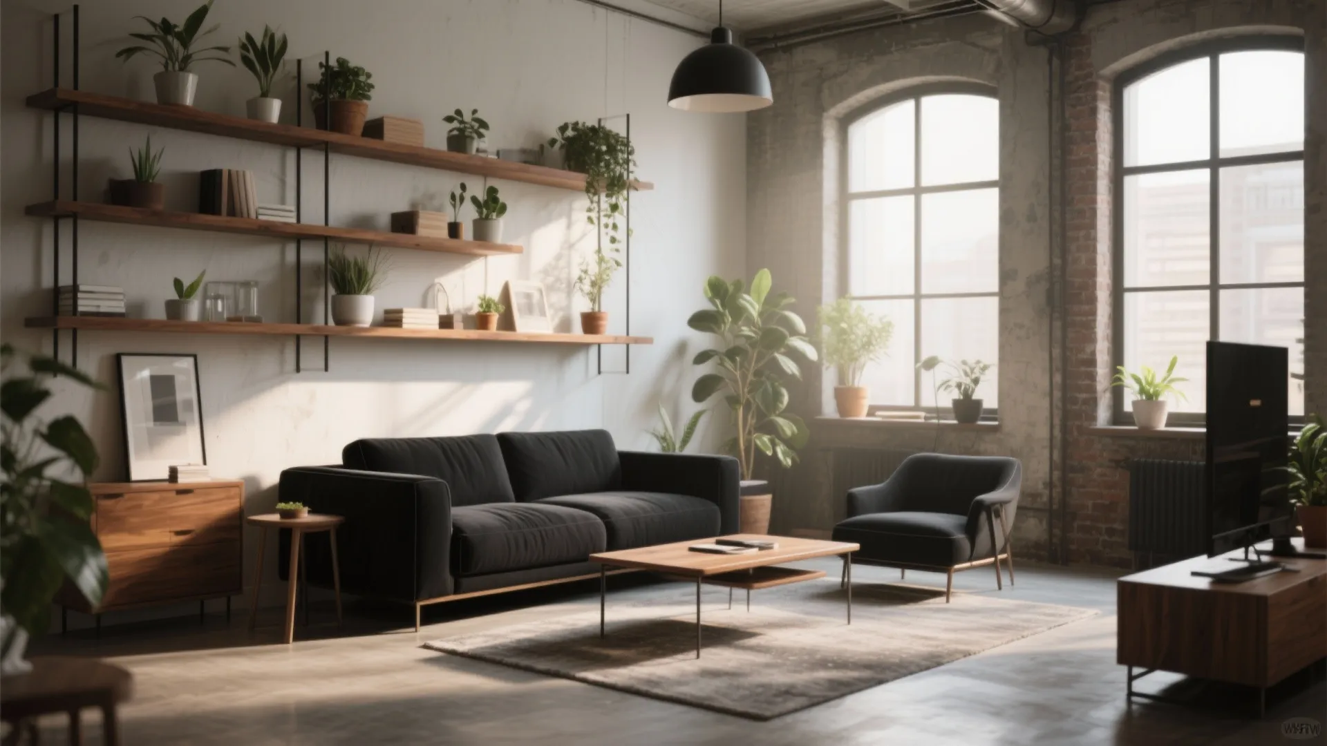 Black sofa paired with walnut wood shelves in a cozy loft