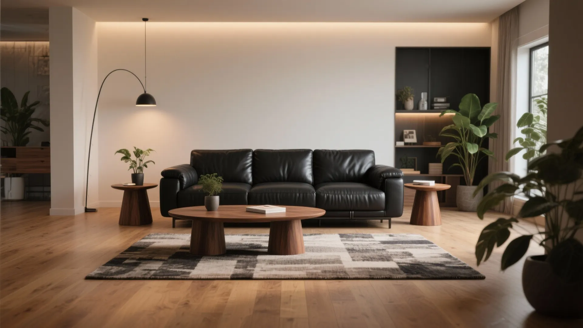 Black leather sofa with walnut wood accents