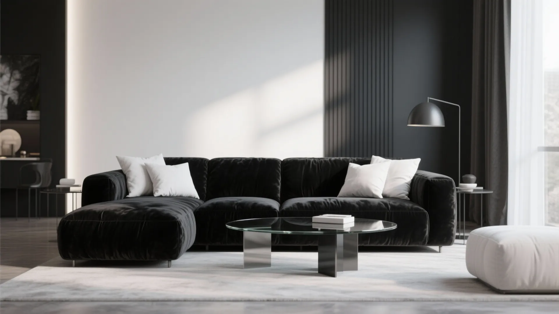 Modern living room with black sofa white pillows glass coffee table black wall and natural sunlight