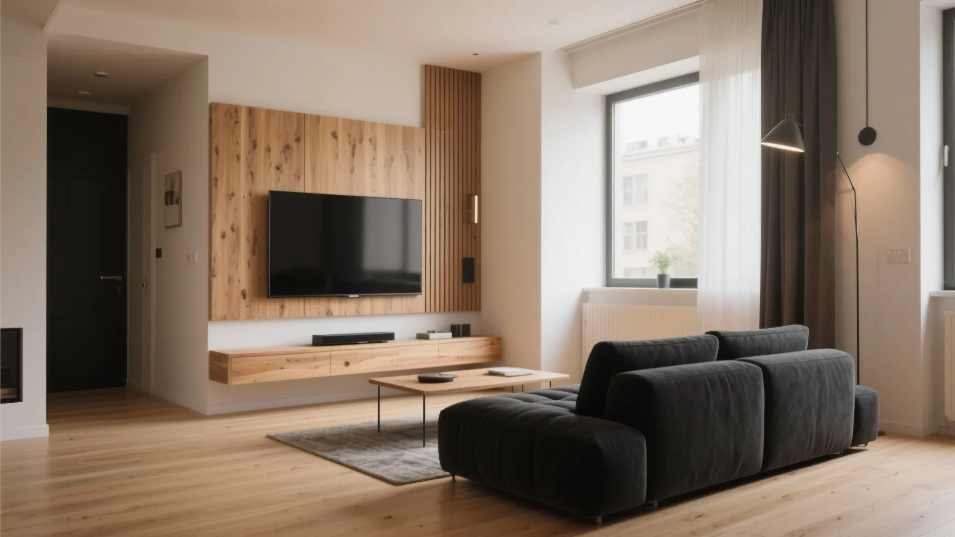 Modern living room with a black sofa wooden wall panel television and large bright windows