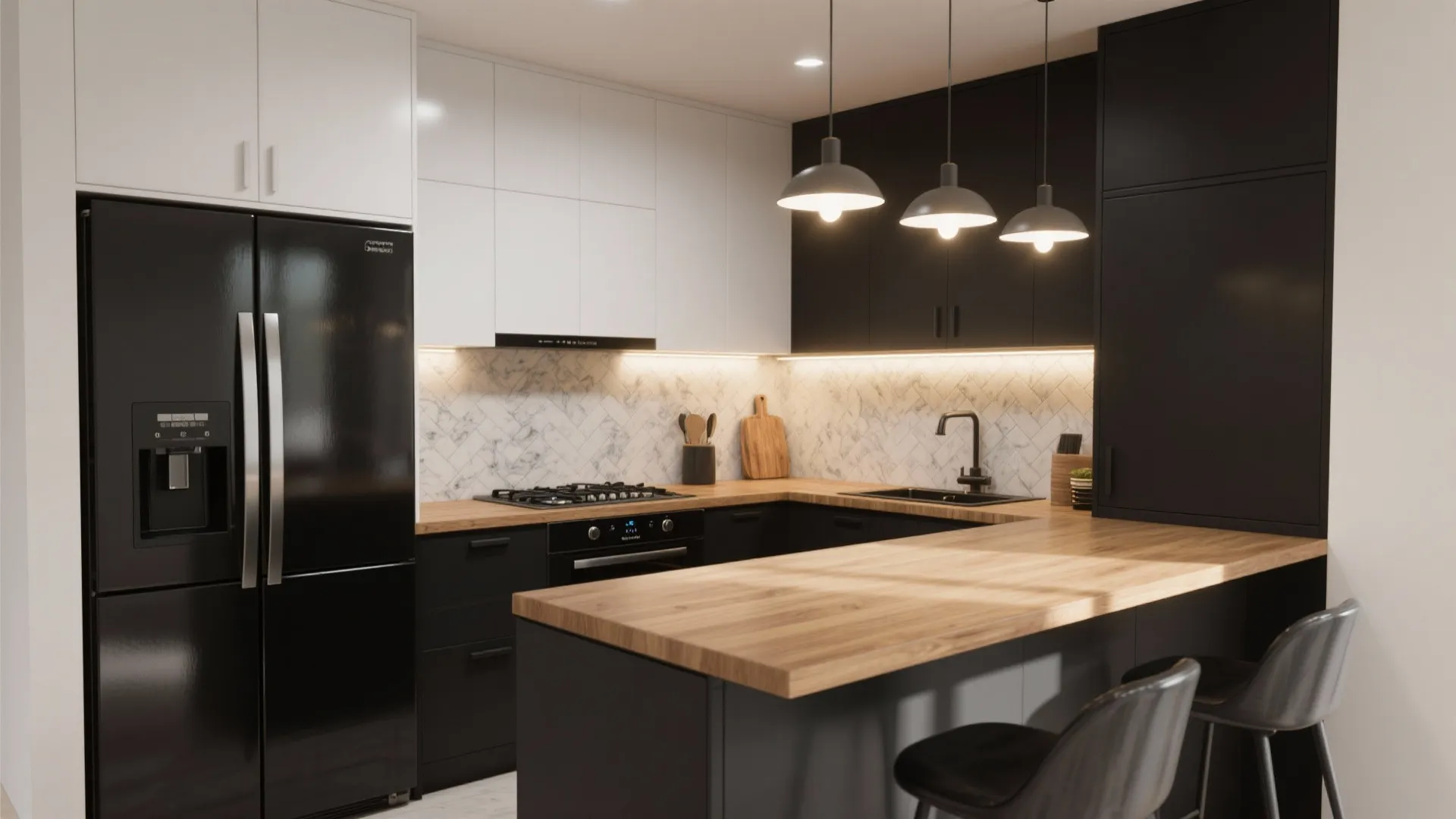 Modern kitchen featuring black white cabinets wood countertop black refrigerator three black ceiling lights stools