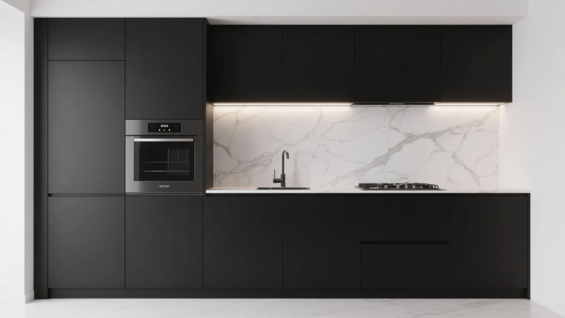 Modern black kitchen cabinets with marble wall panel built in oven and sleek dark faucet design