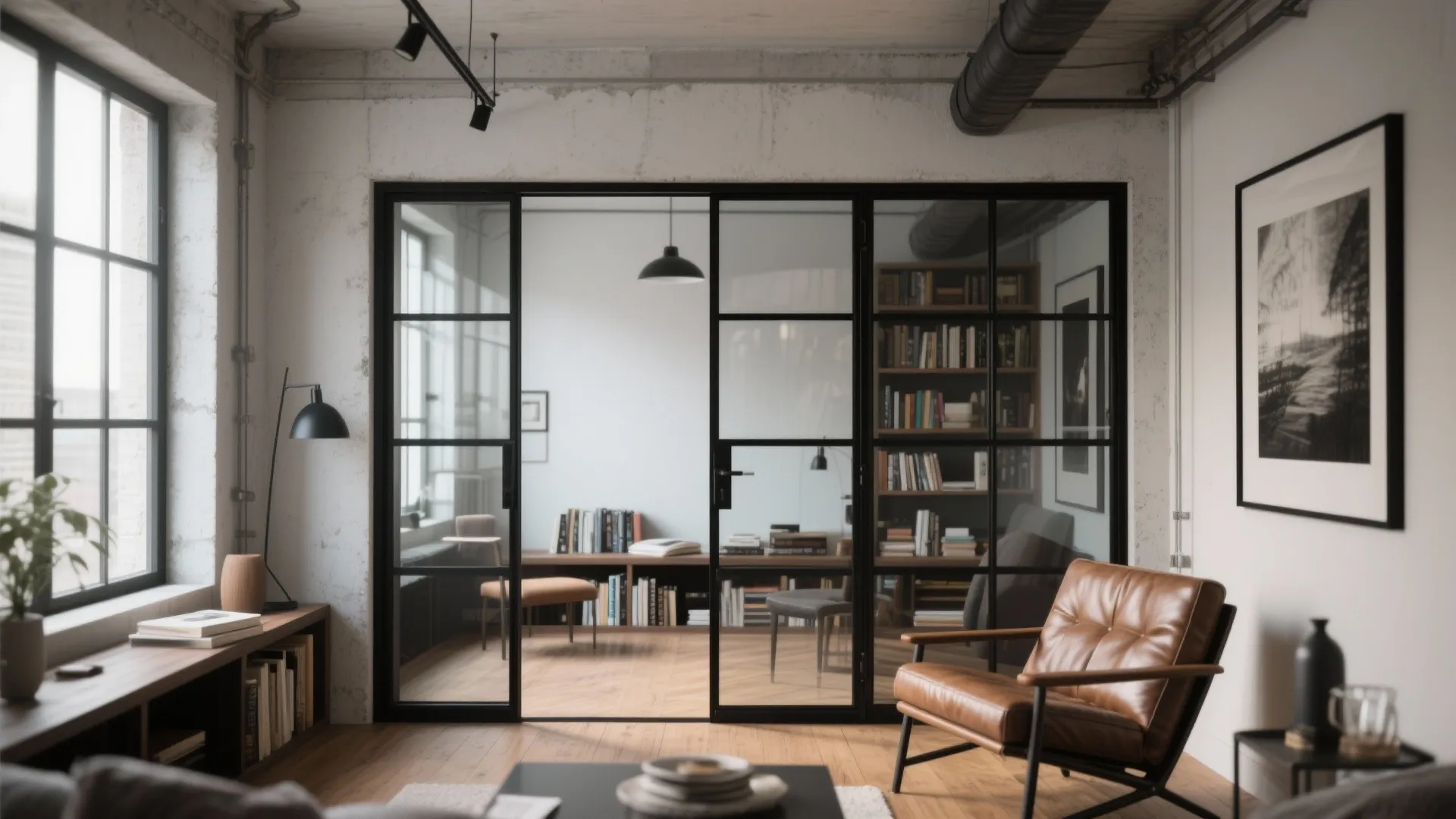 Industrial room with black glass sliding doors brown leather chair wooden floor and large bookshelf