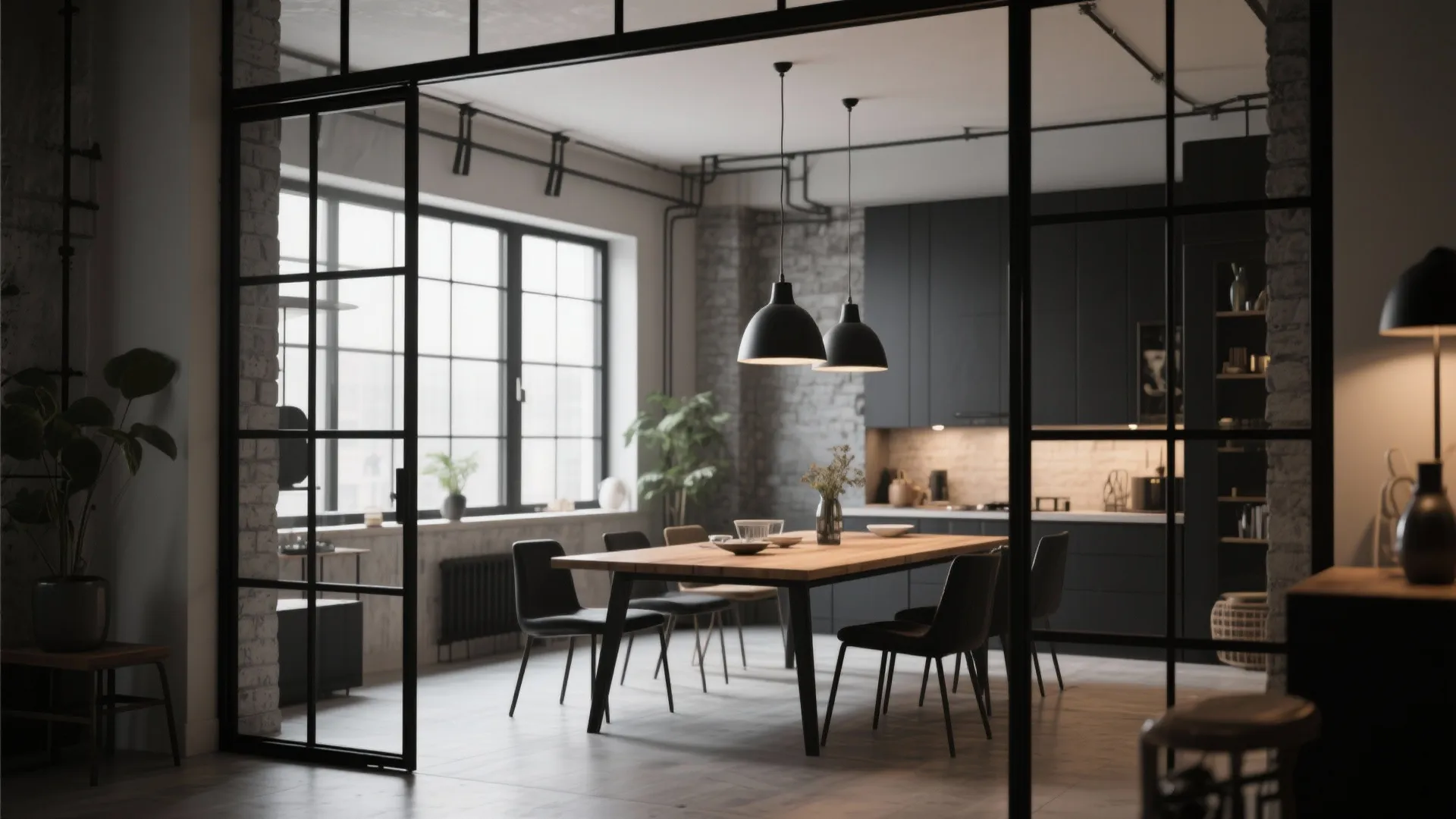 Dining area with industrial-style black steel-framed windows