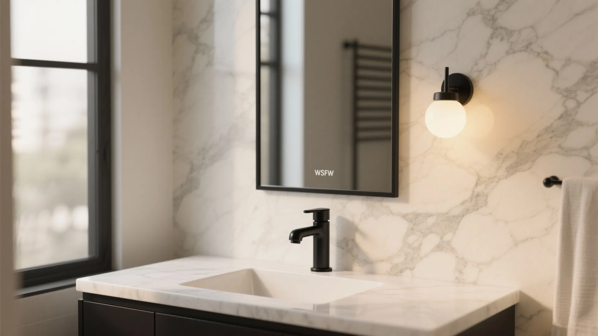 Matte Black Fixtures + Light Stone Mix