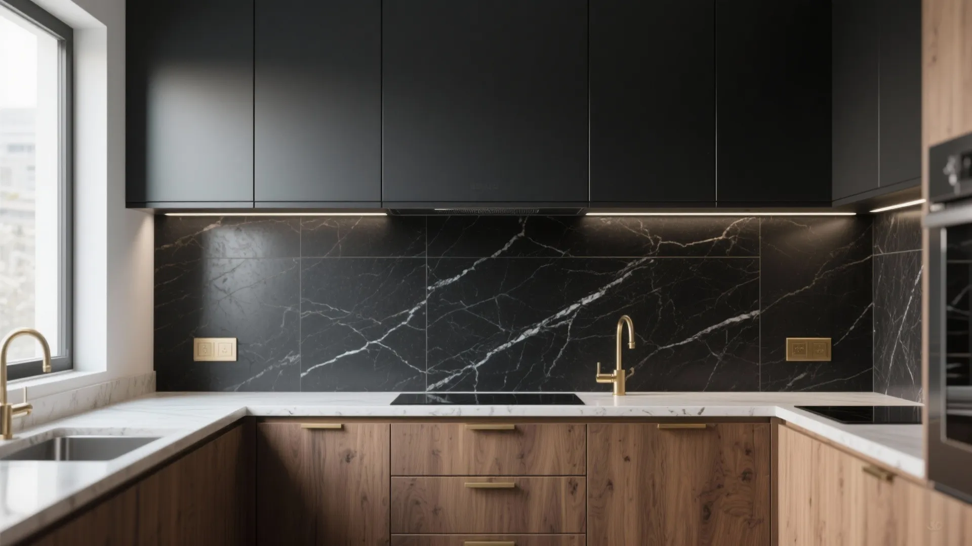 Luxury kitchen with black marble wall wood cabinets white countertops gold faucet and black cupboards