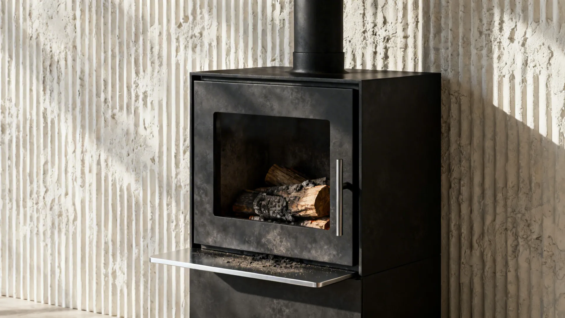 3. Minimalist black stove against textured wall