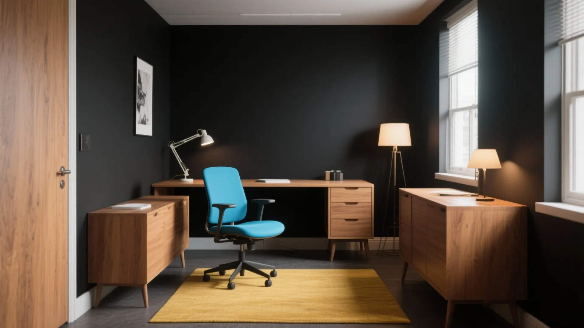 Modern home office with black walls blue chair wooden desk yellow rug and warm light fixtures