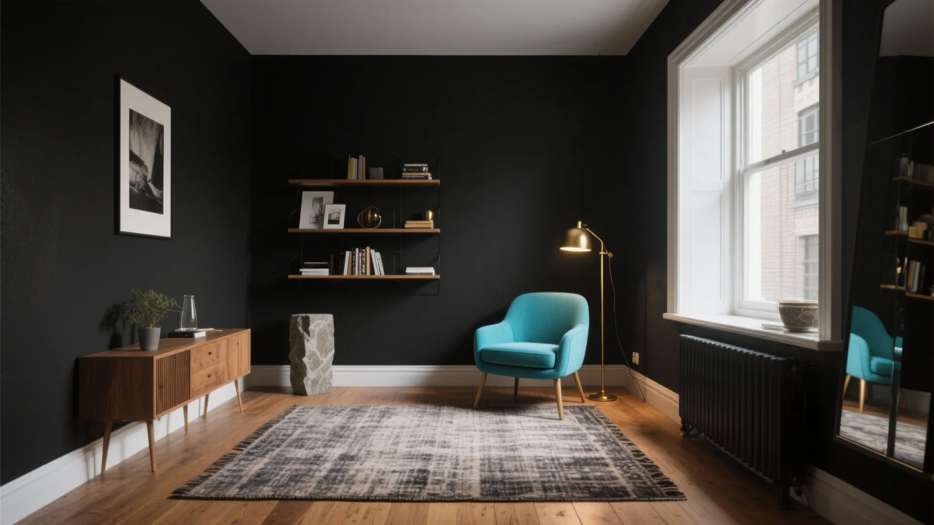 Modern black living room with teal armchair floor lamp wooden cabinet rug and large bright window