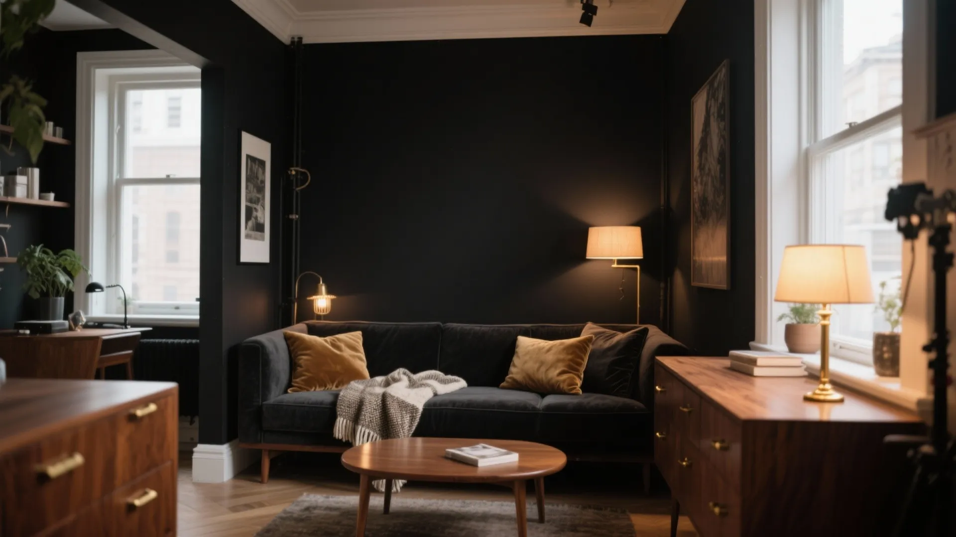 Modern living room featuring dark walls with grey sofa plus wooden coffee table and warm lighting