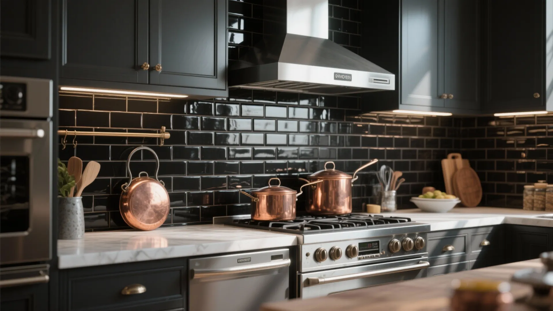 Modern dark kitchen with black cabinets shiny wall tiles copper pots on stove and metal