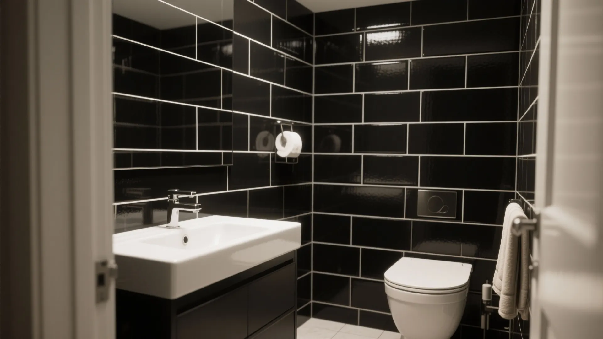 Modern bathroom featuring black wall tiles, white sink, black cabinet, white toilet, and hanging towel