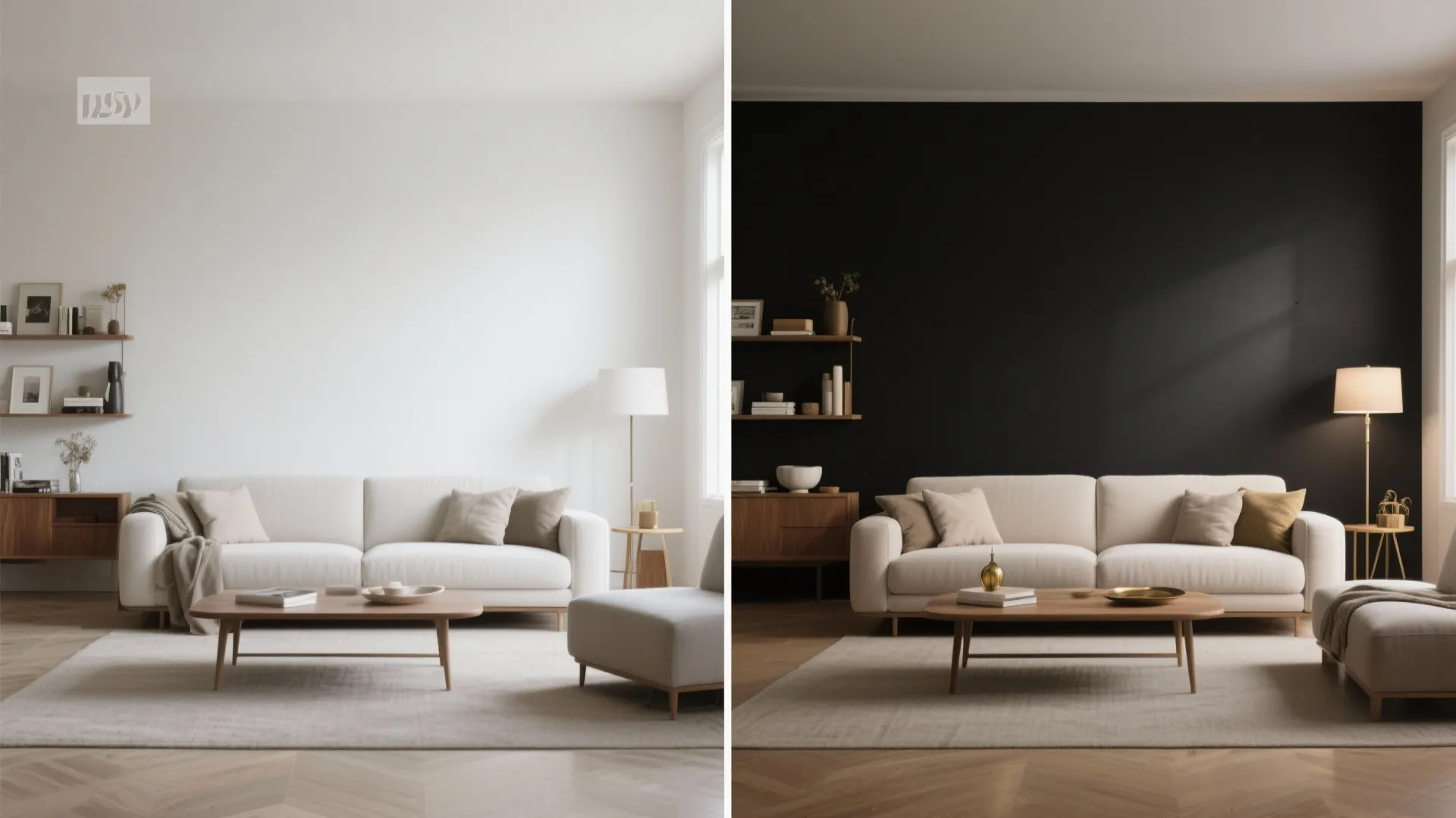 Side by side comparison showing a living room with white wall versus black accent wall