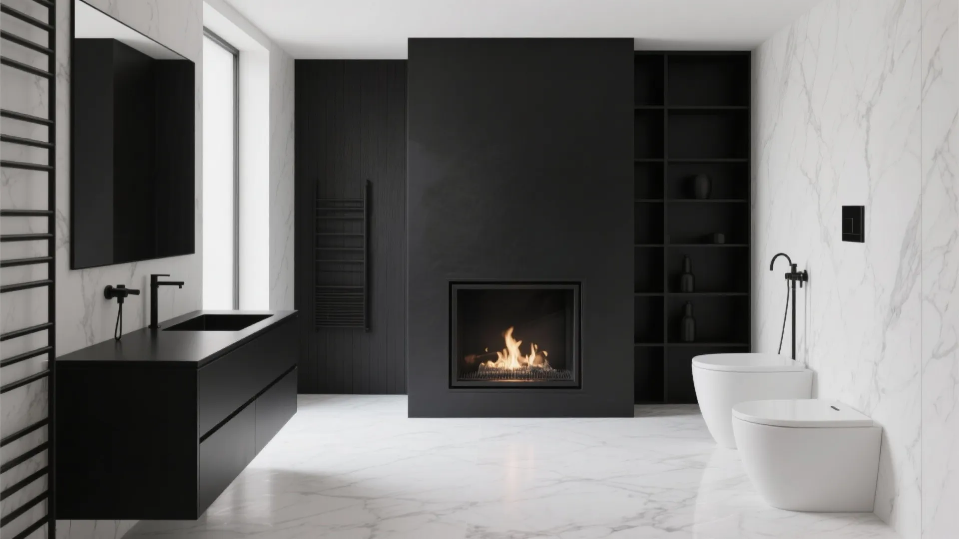 Modern black and white bathroom featuring a minimalist fireplace, double vanity, and marble wall tiles