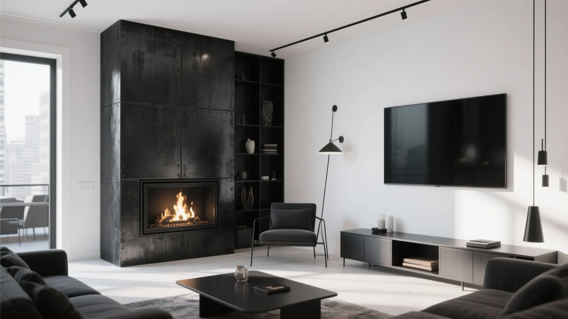 Industrial style living room with black metal fireplace surround plus matching furniture and television wall