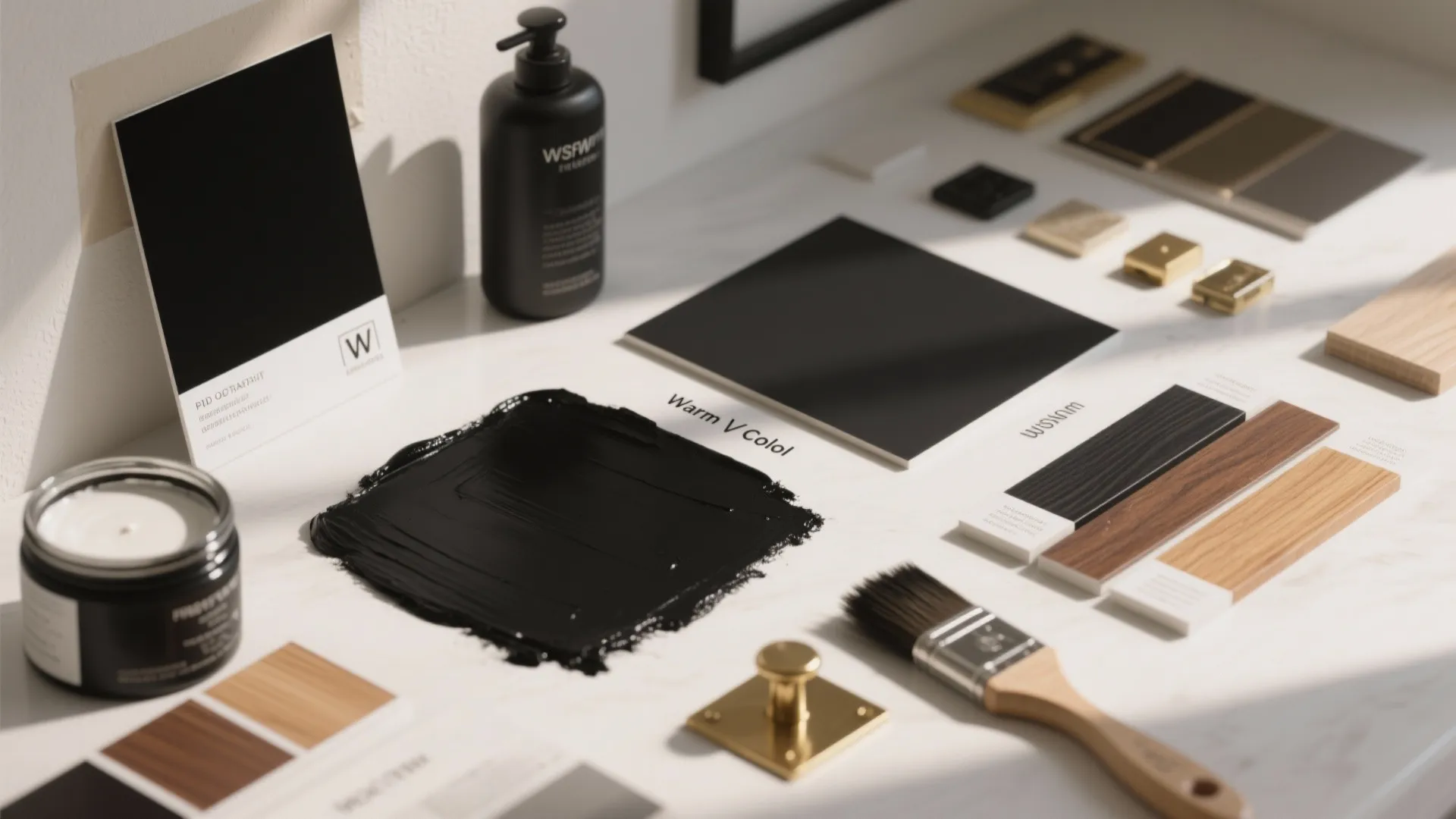 Interior design mood board with black paint swatches plus wood samples and a small paint brush