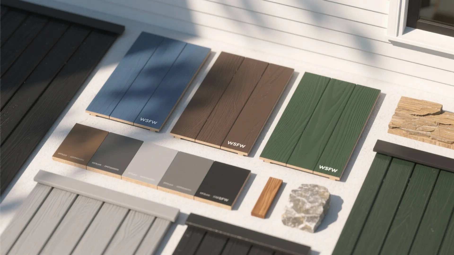 Colorful wall panel samples and wood swatches displayed on a white surface in bright sunlight