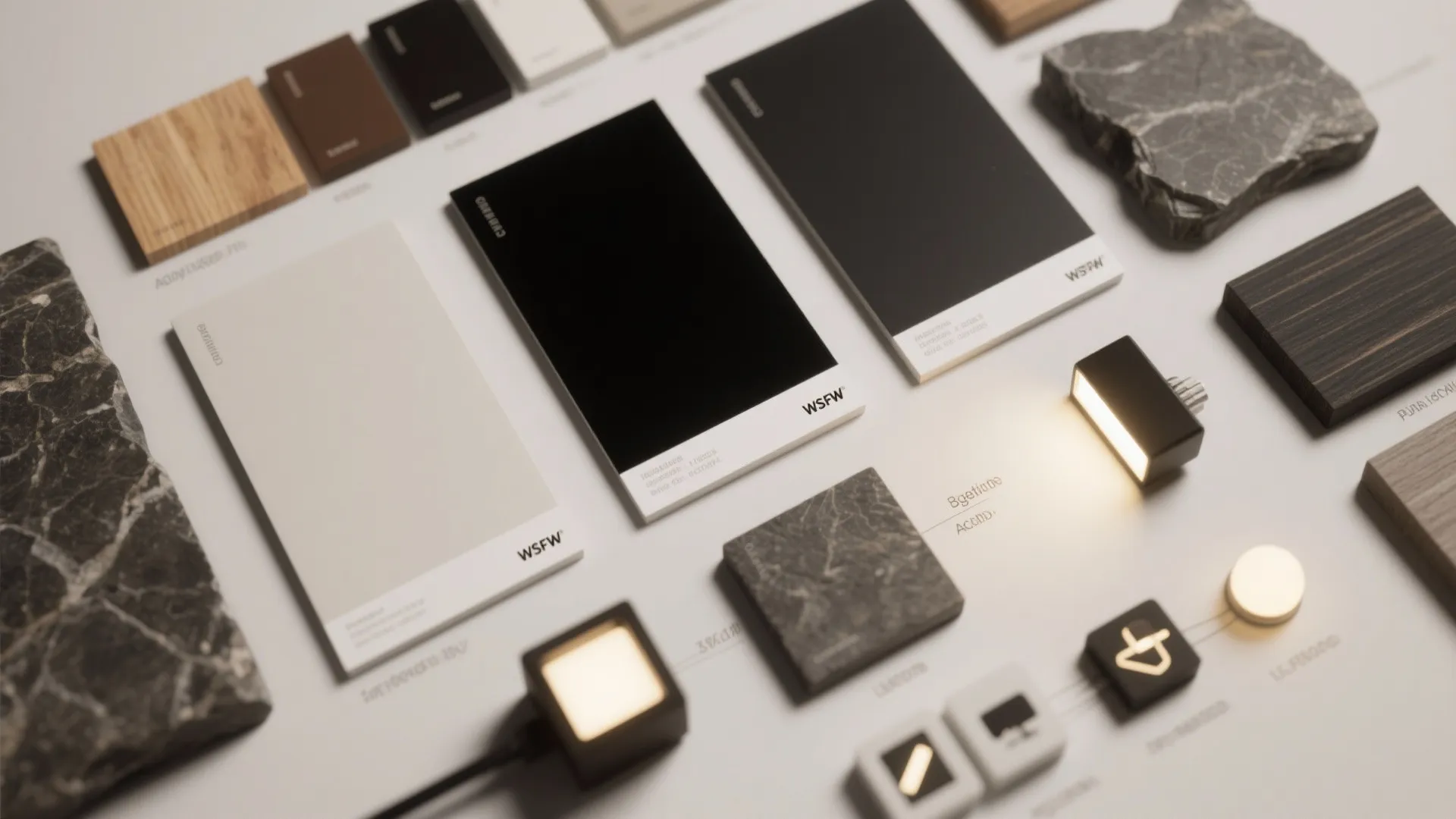Interior design material board with black and white color swatches, wood samples, marble, and lights