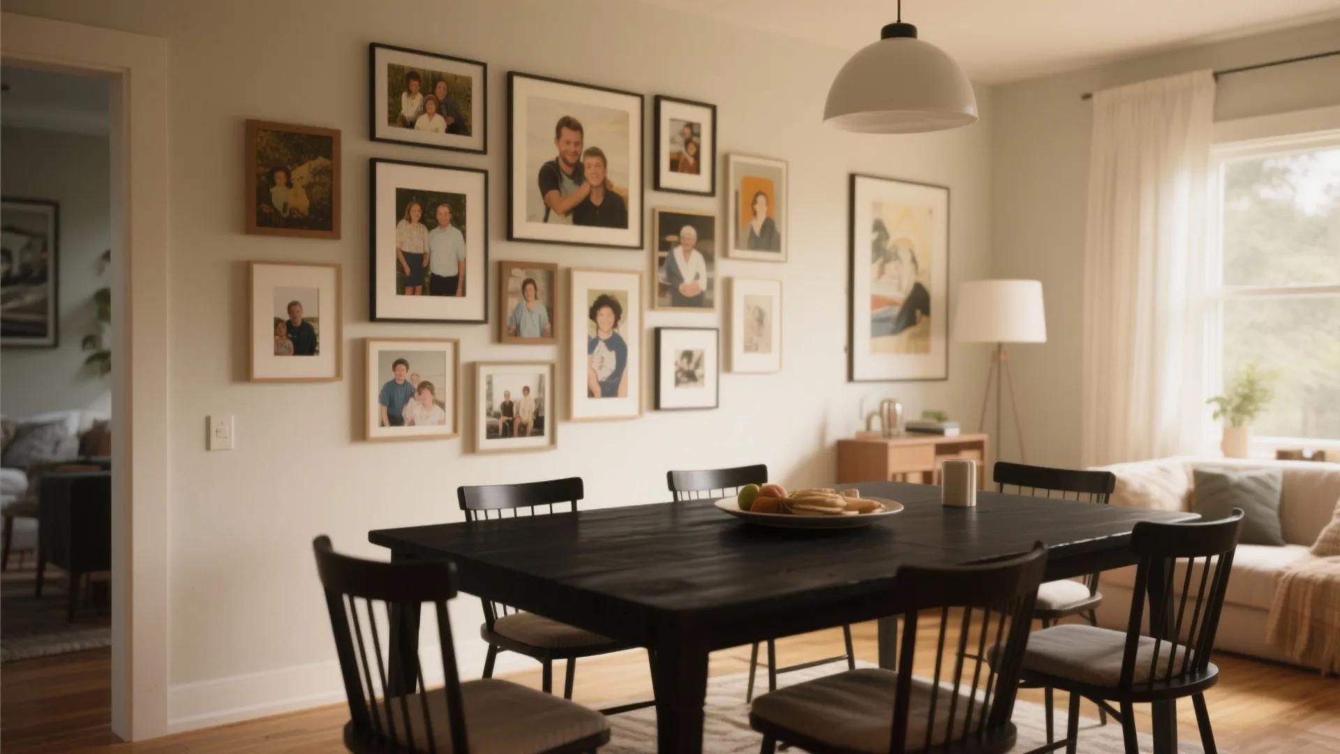 Dining area with black table wooden chairs gallery wall with family photos and white curtain
