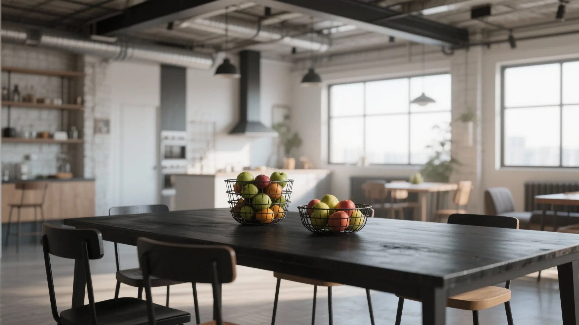 Industrial kitchen with black wooden table, fruit baskets, metal ceiling pipes, and large bright windows