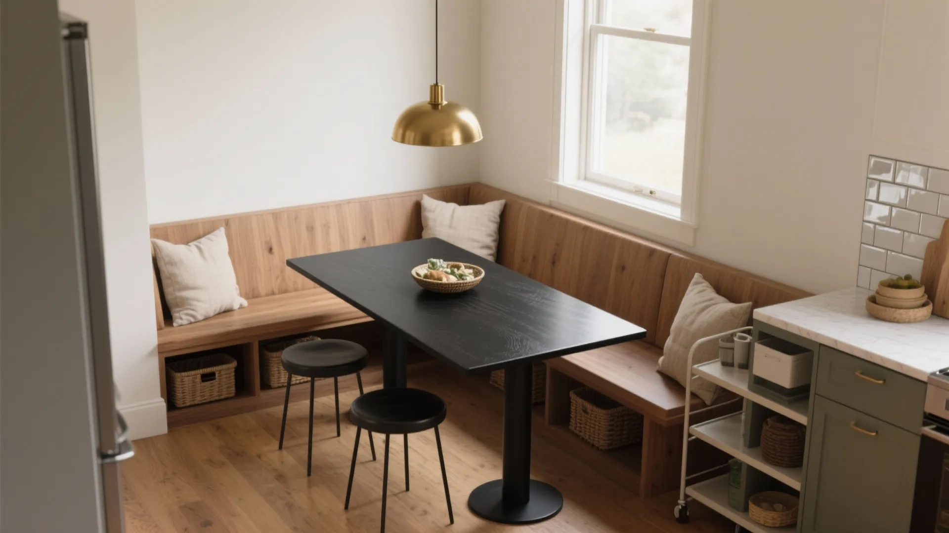 Black dining table with wooden corner bench and two stools under a gold ceiling light