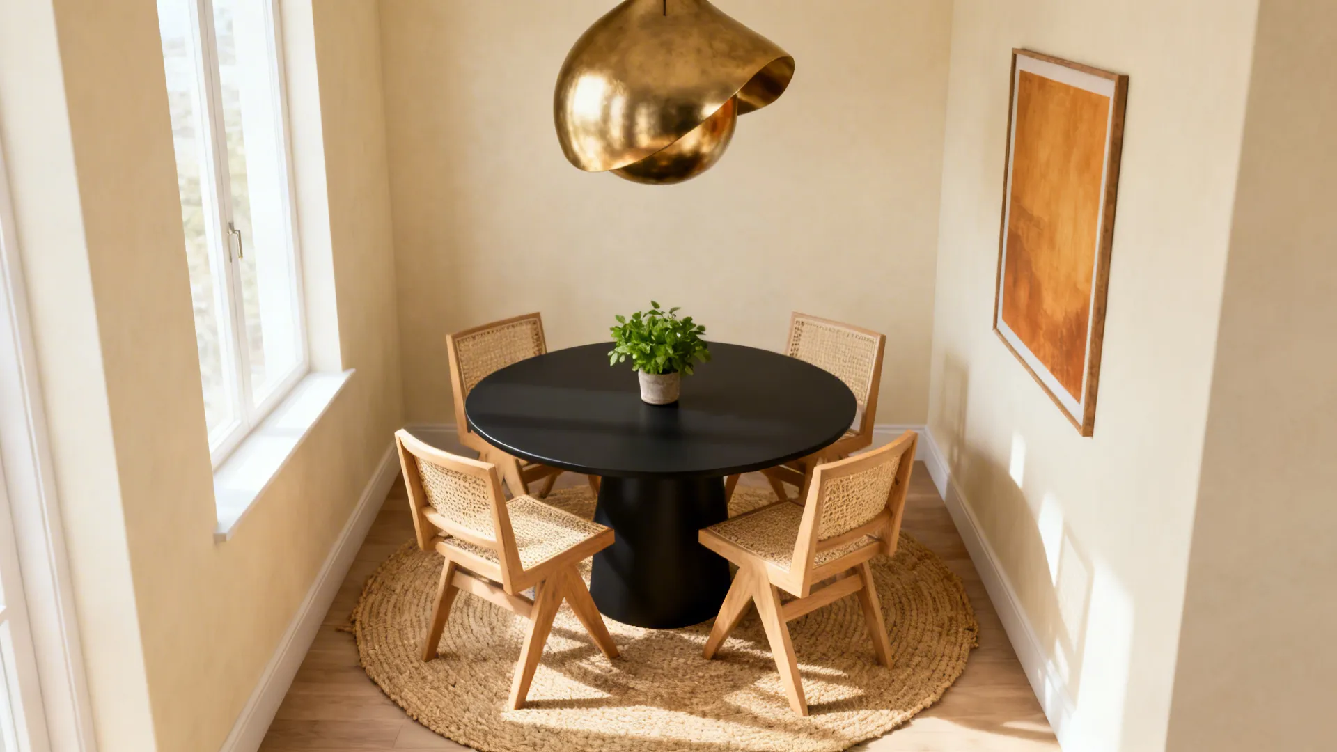 Small dining area with round black table four wooden chairs gold ceiling light and rug