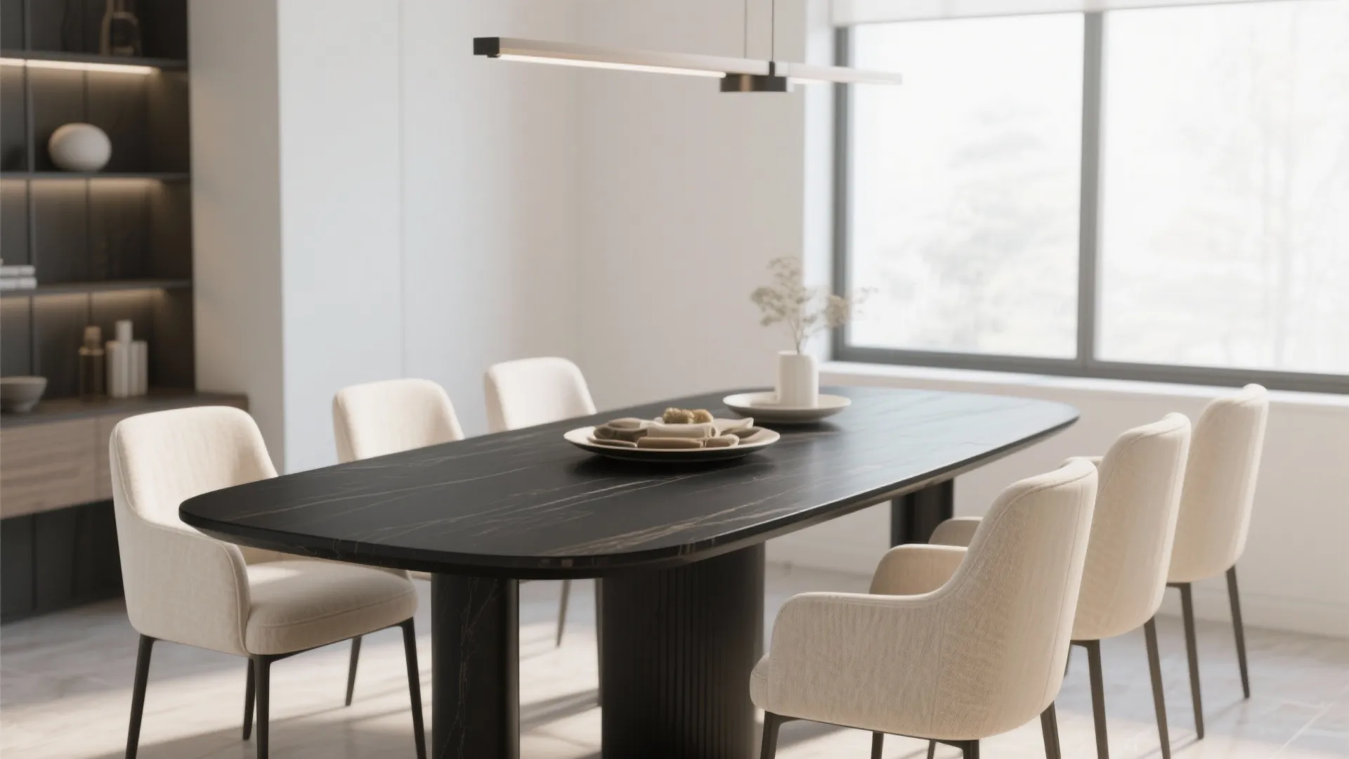 Modern dining room with black oval table cream chairs light fixture and large window view