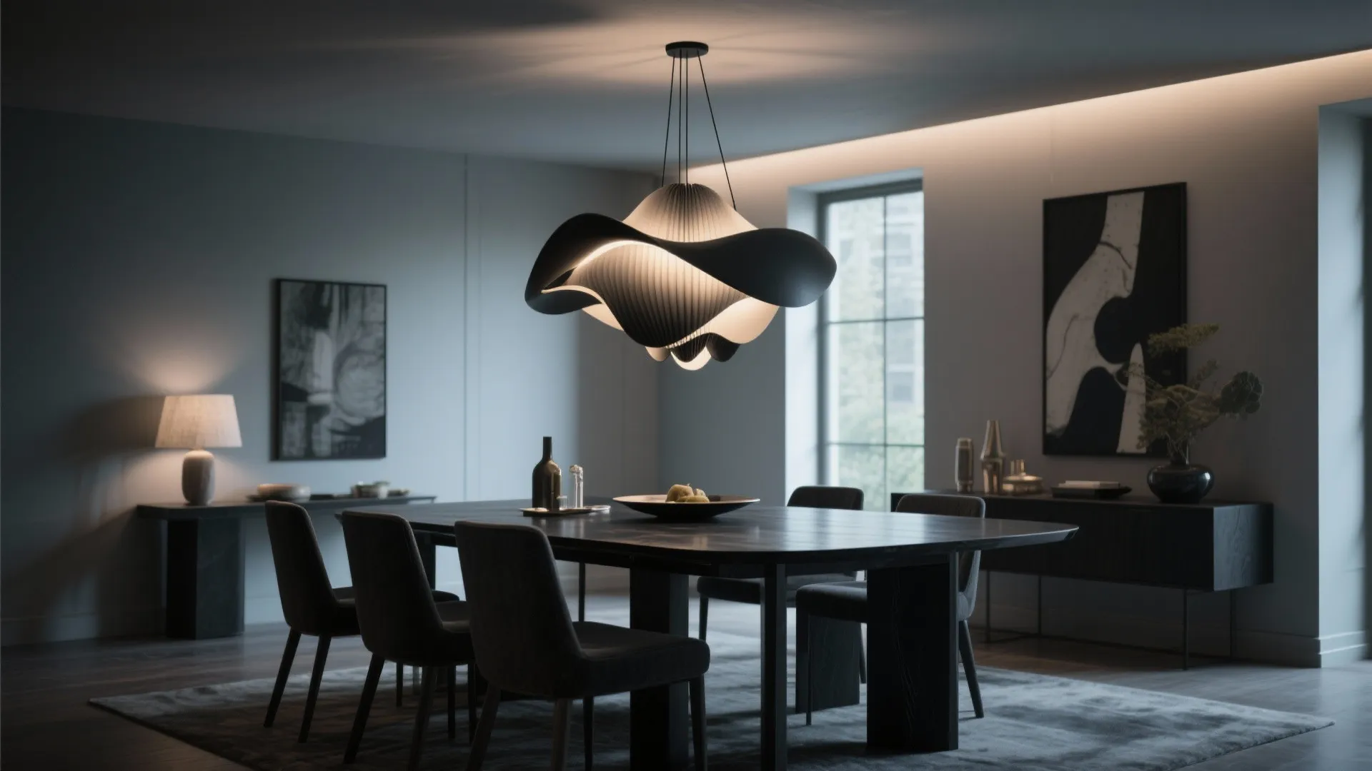 Modern dining room with a large wooden table black chairs and a unique ceiling light