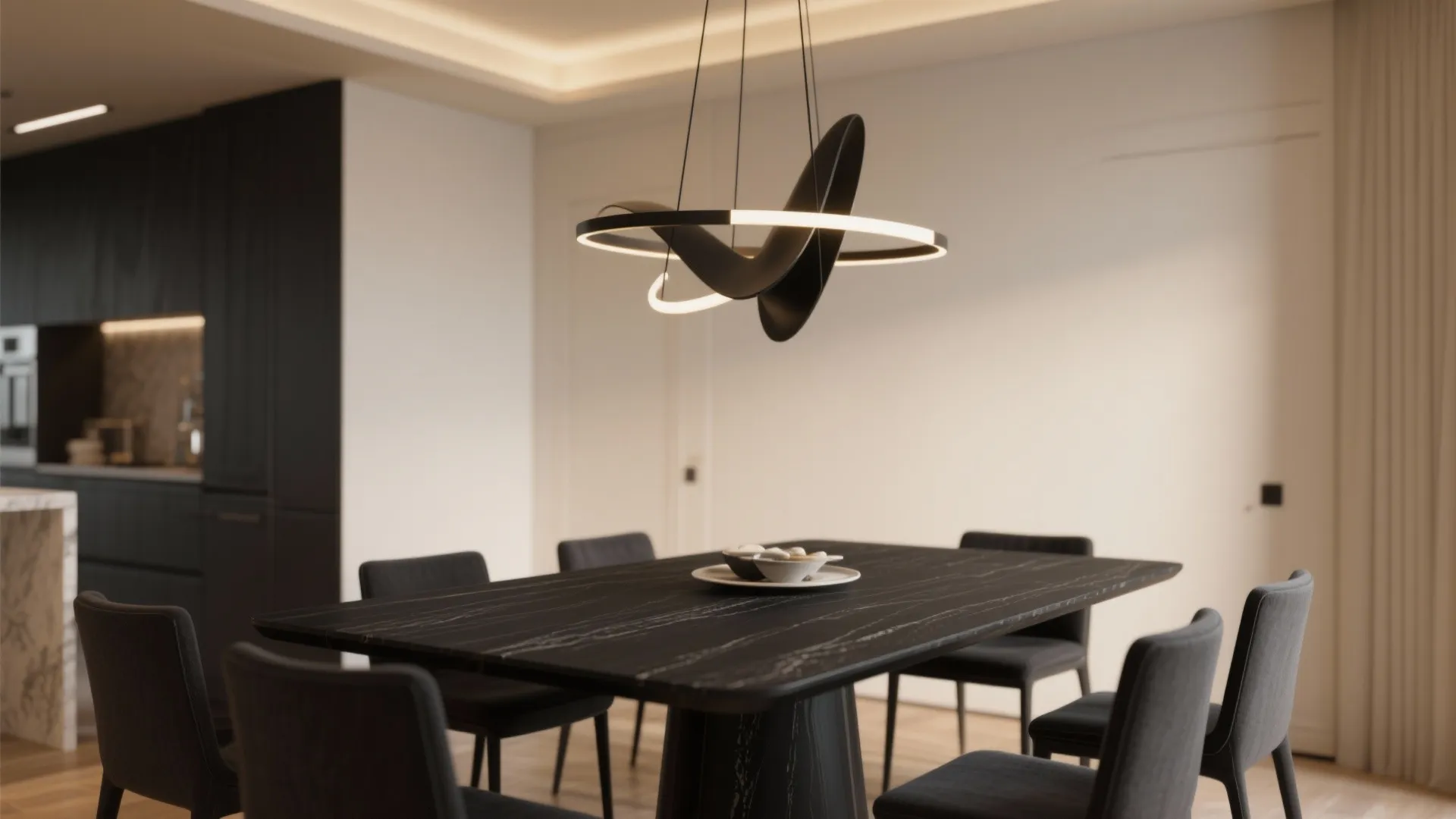 10. Statement Lighting Over a Black Table