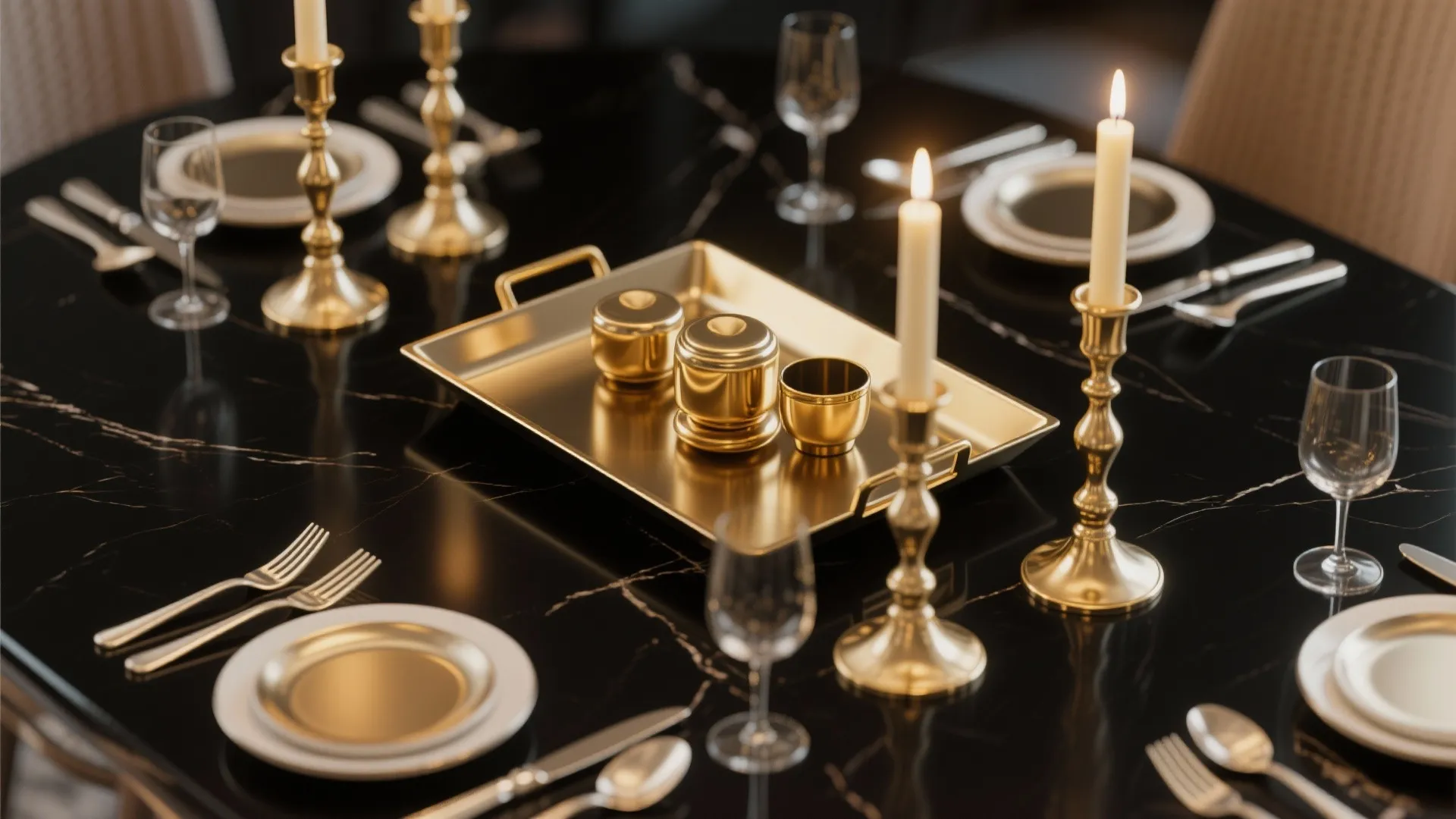 Close up of black marble table with gold tray, candles, plates, and glass water cups