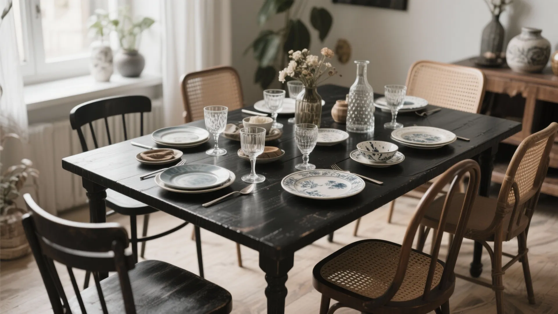 Vintage dark wood dining table set with patterned ceramic plates and glasses in rustic room