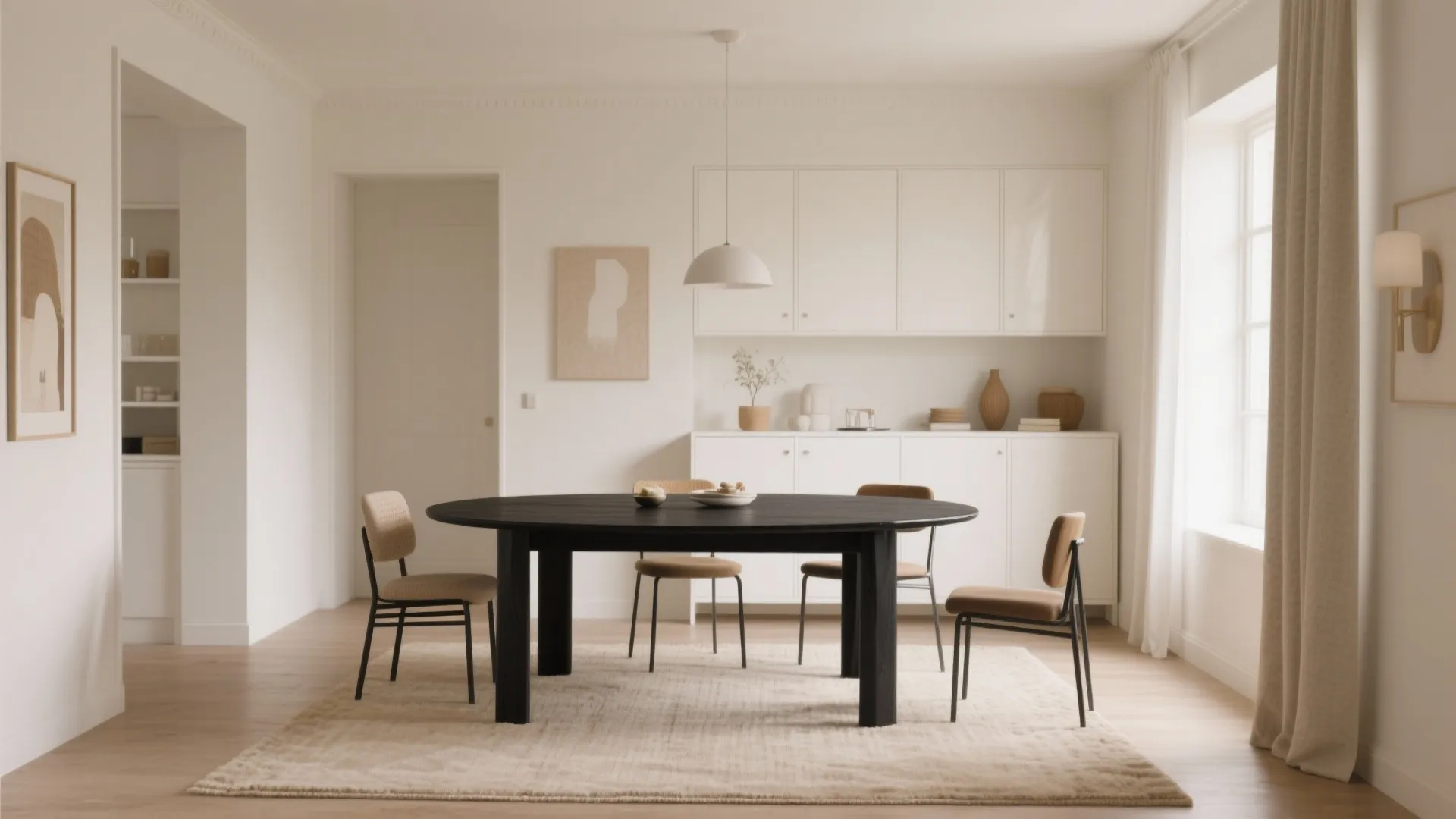 Minimalist dining room with black round table and four brown chairs on a beige rug