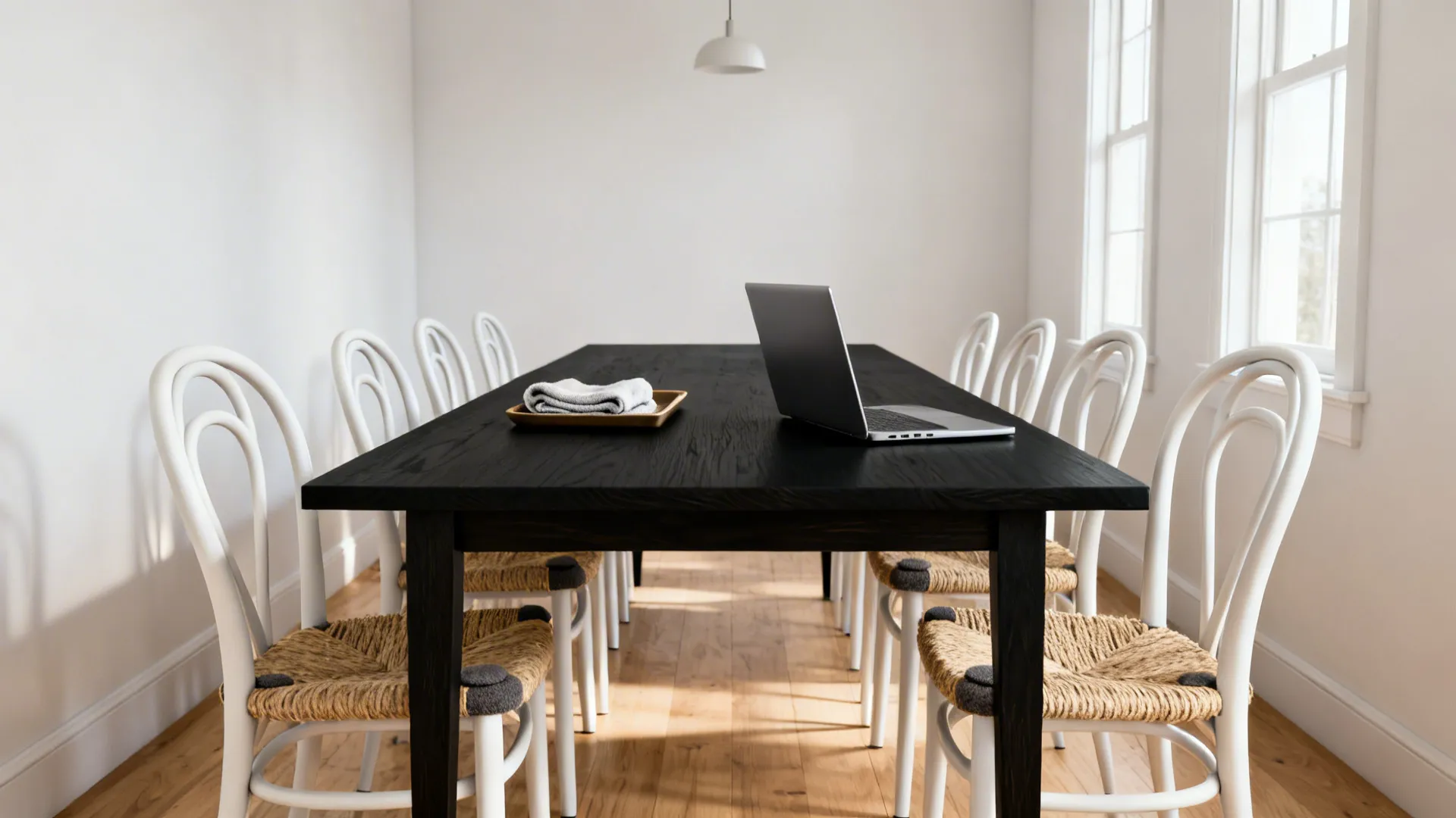 Modern black dining table with white chairs laptop and small tray in a bright room