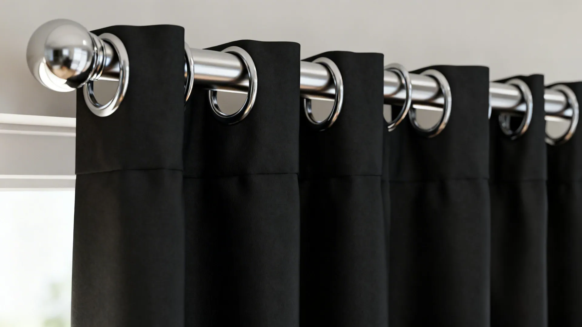 Close up of black curtains with silver metal rings hanging on a shiny metal rod