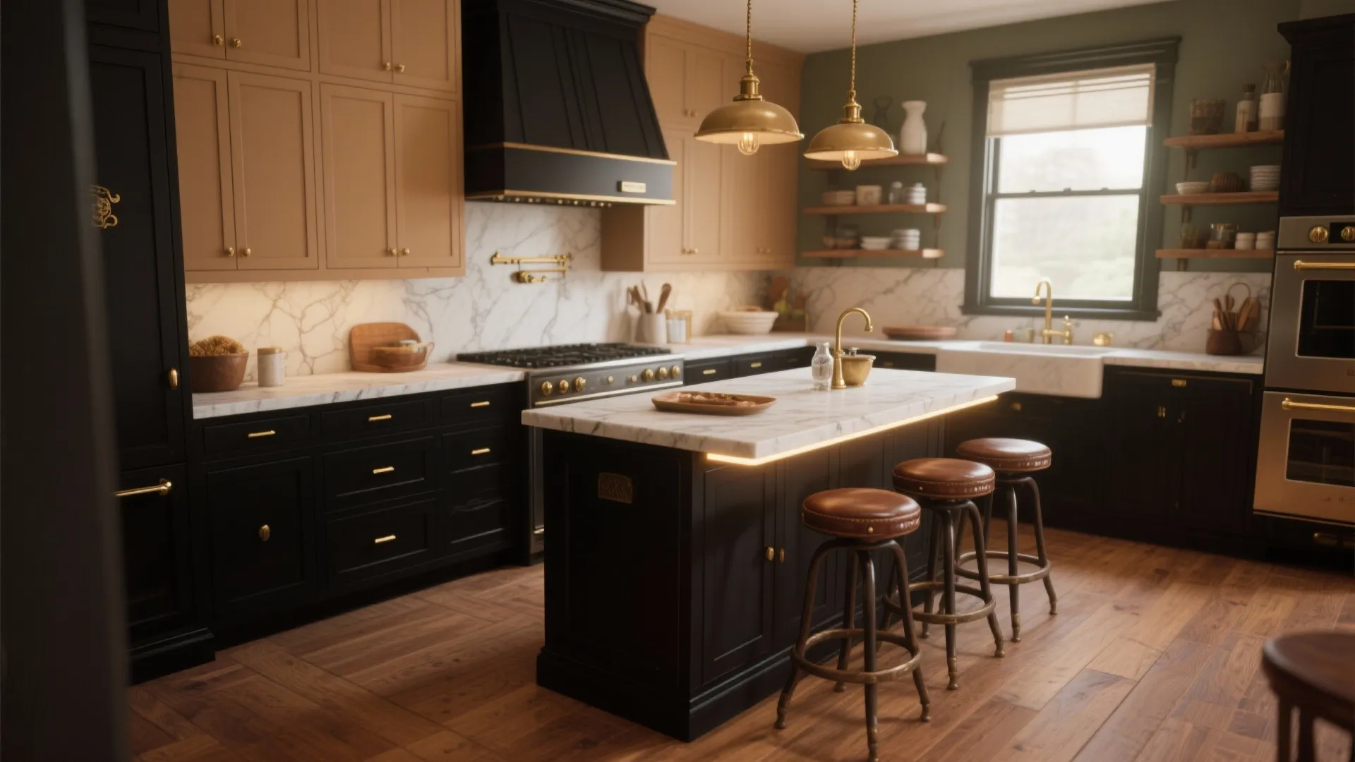 Luxury kitchen with black island tan cabinets marble countertops gold ceiling light fixtures and stools