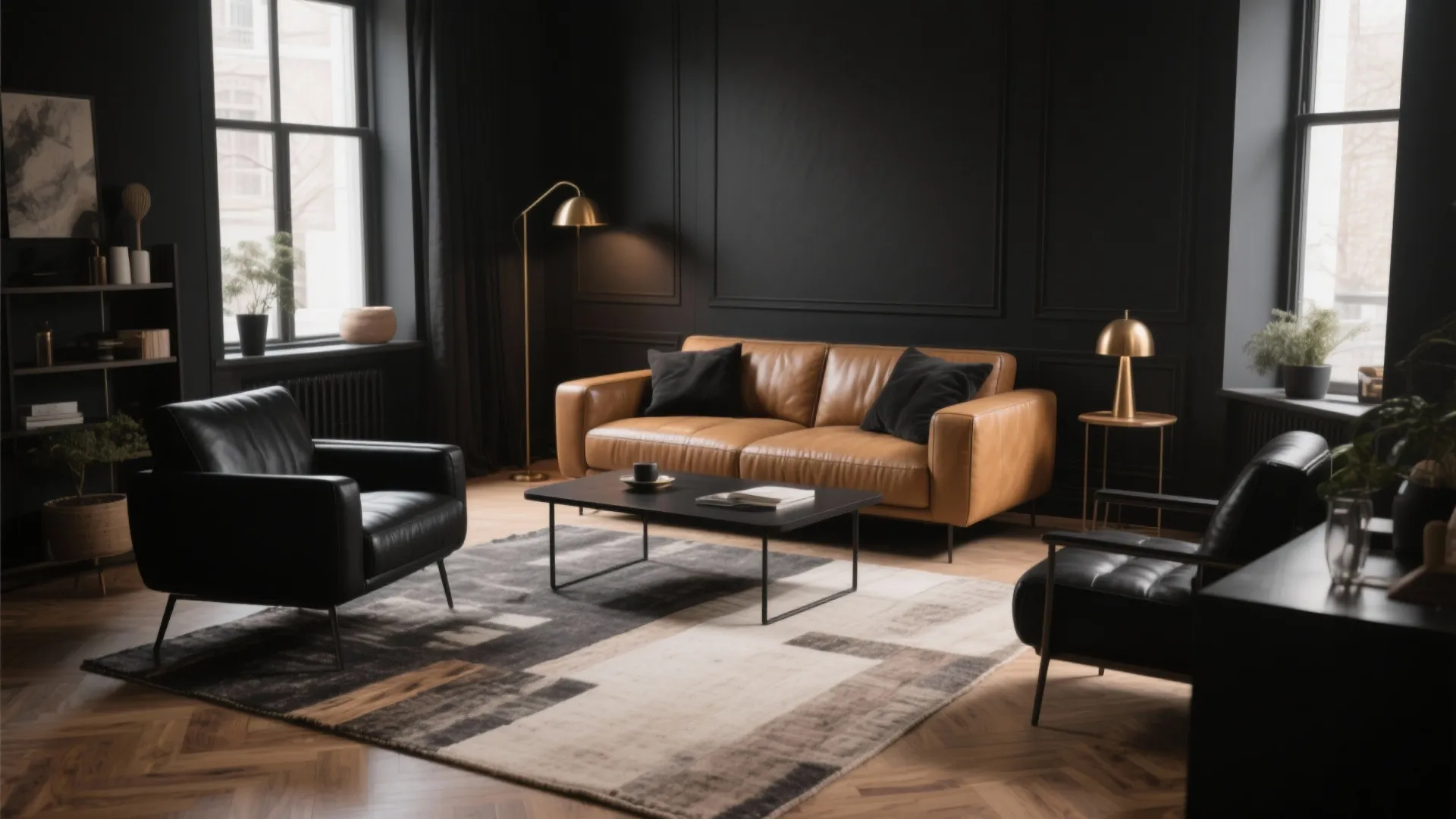 Modern living room with black wall panel tan sofa black armchairs patterned rug and gold lamp