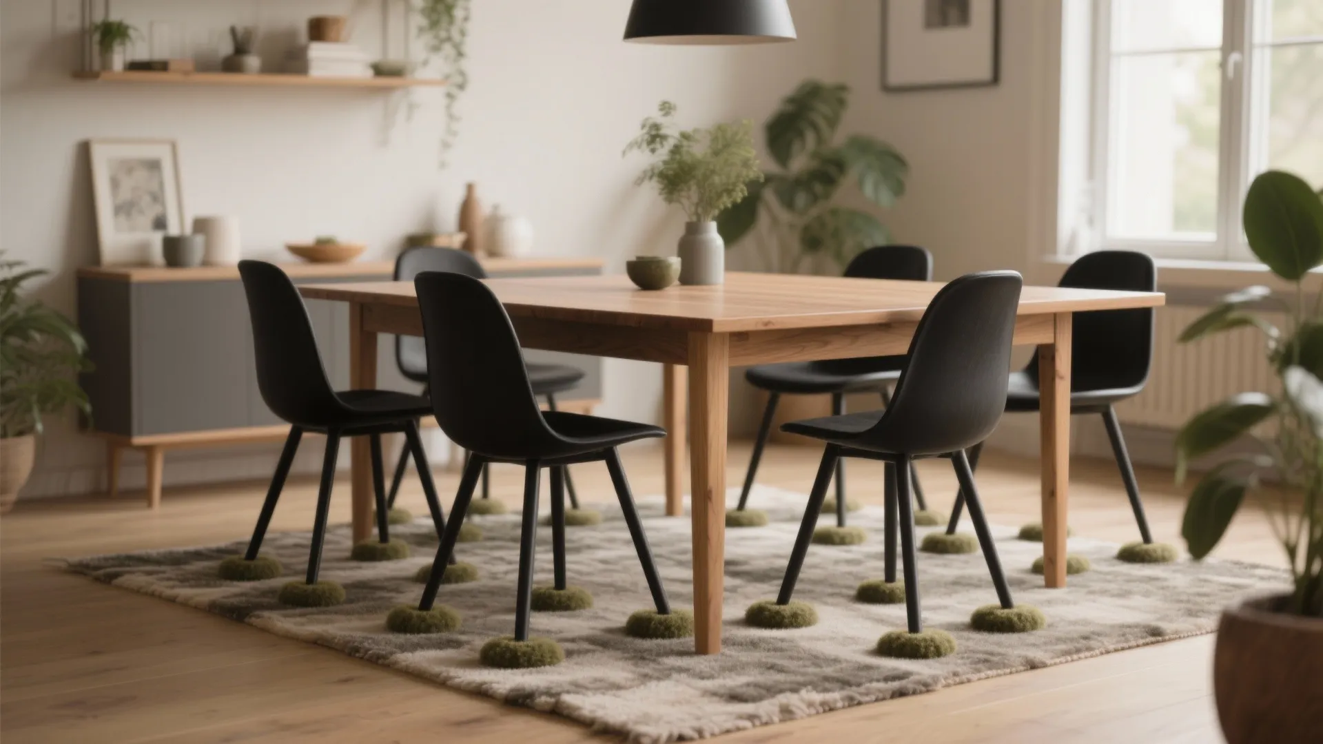 Wooden dining table with black chairs on rug featuring green moss pads under chair legs