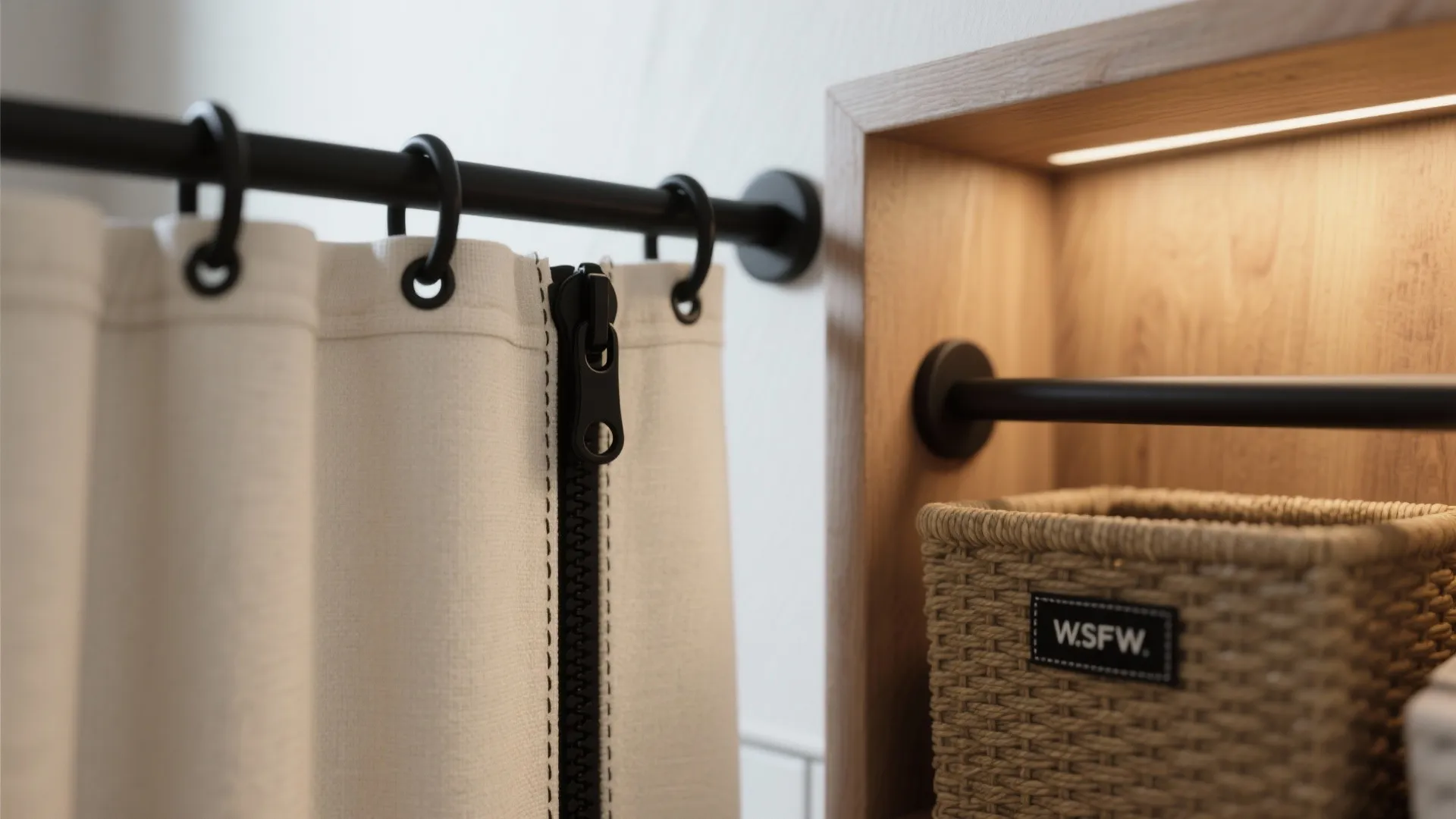 Close-up of black shower curtain rings, zipper pull and grab bar tying textiles and hardware together.