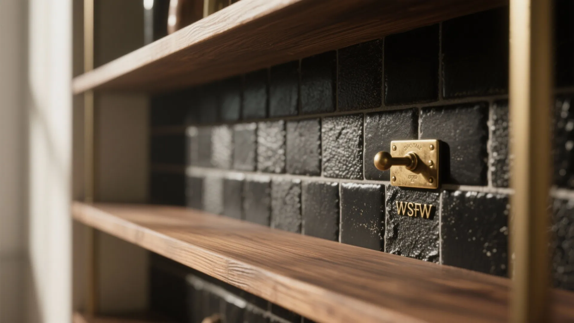 Close-up of black tile, dark wood grain, and brass hardware showing layered textures.