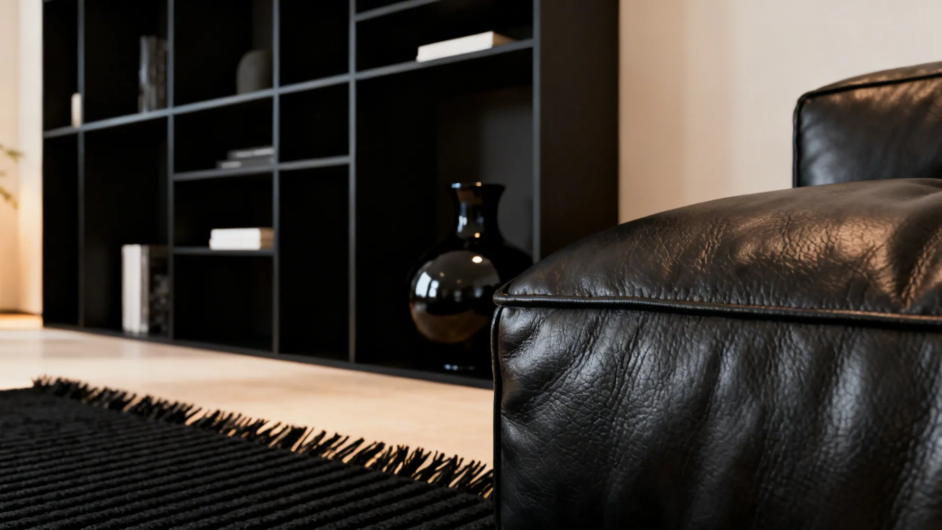 Close up of black leather sofa with black bookshelf and rug in a modern living room