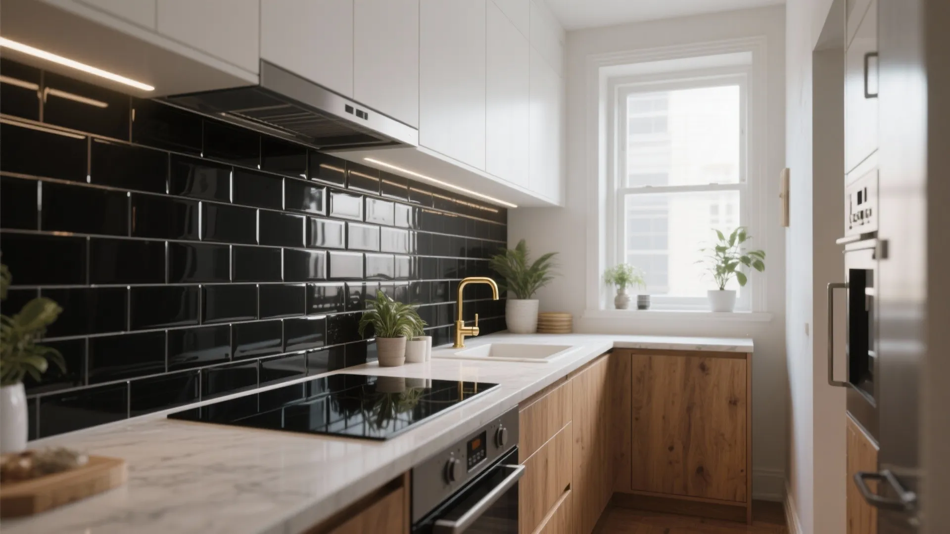 Modern kitchen with black tile wall white cabinets wood lower cabinets gold faucet and window