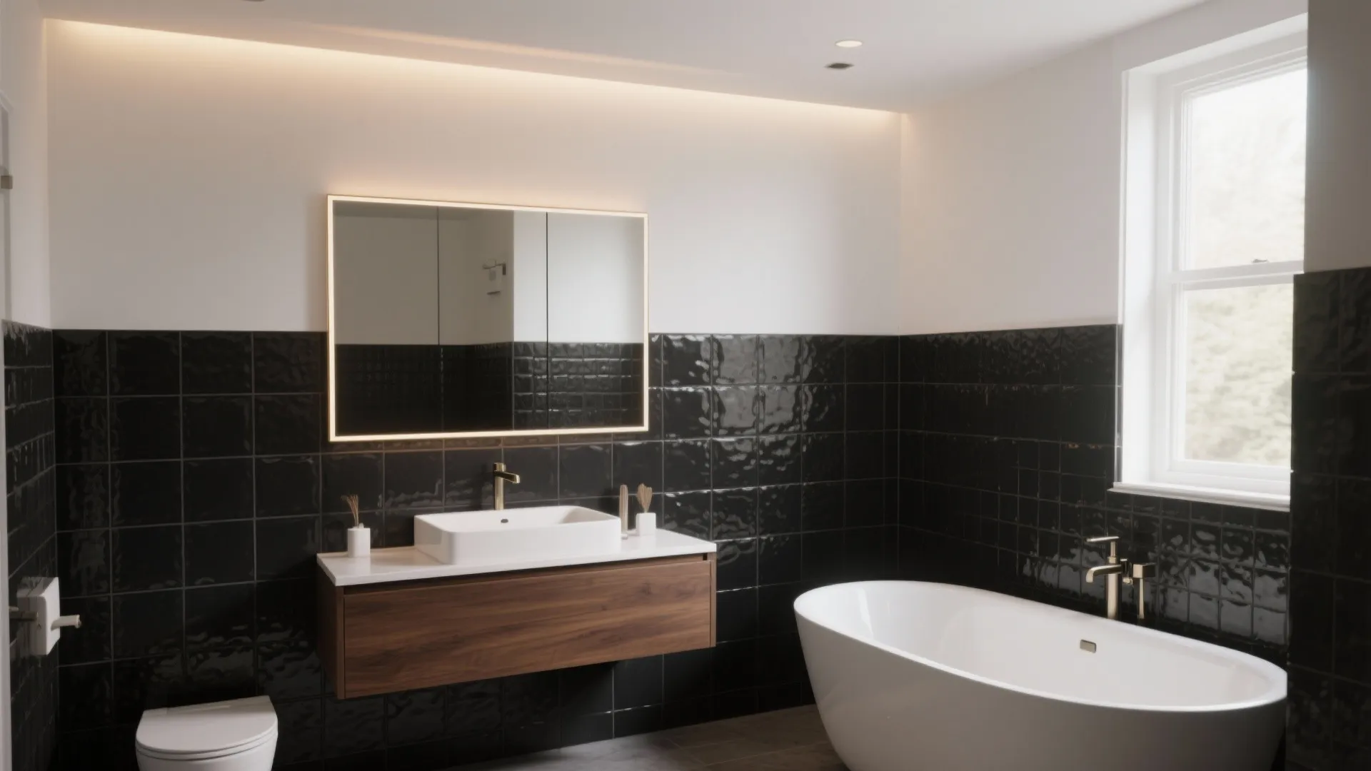 Luxury bathroom with black square wall tiles white bathtub wood cabinet and large lighted mirror