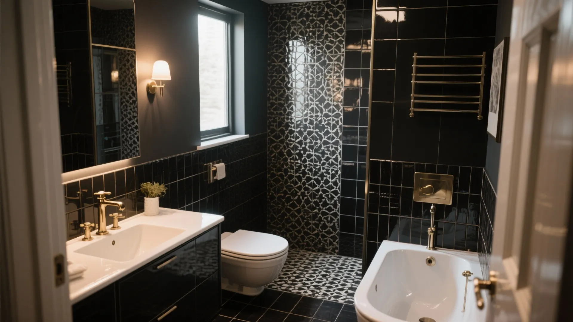 Luxurious black tiled bathroom with white bathtub vanity sink toilet wall light and patterned floor