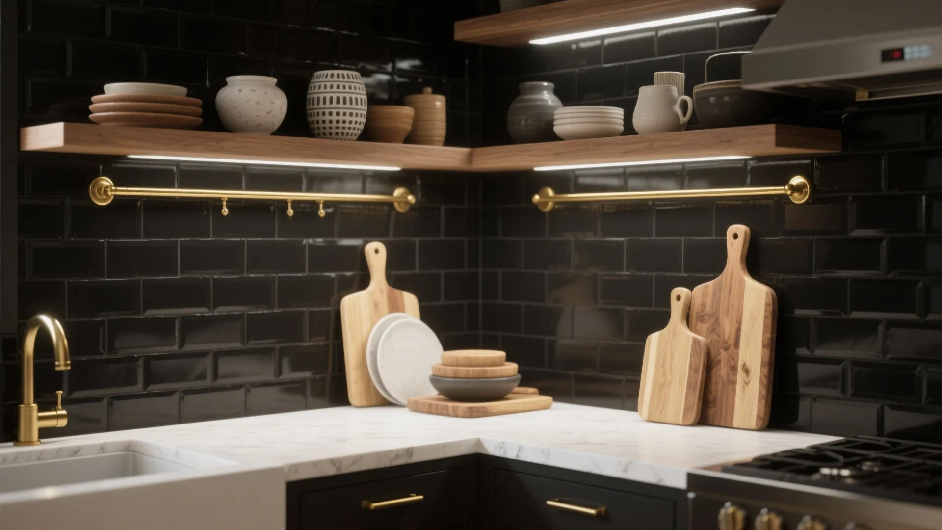 4. Mixed materials: black tile plus brass or wood accents